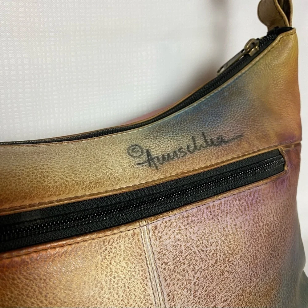 Anuschka Gorgeous Hand Painted Medium Zip Top Genuine Brown Leather Hobo Bag